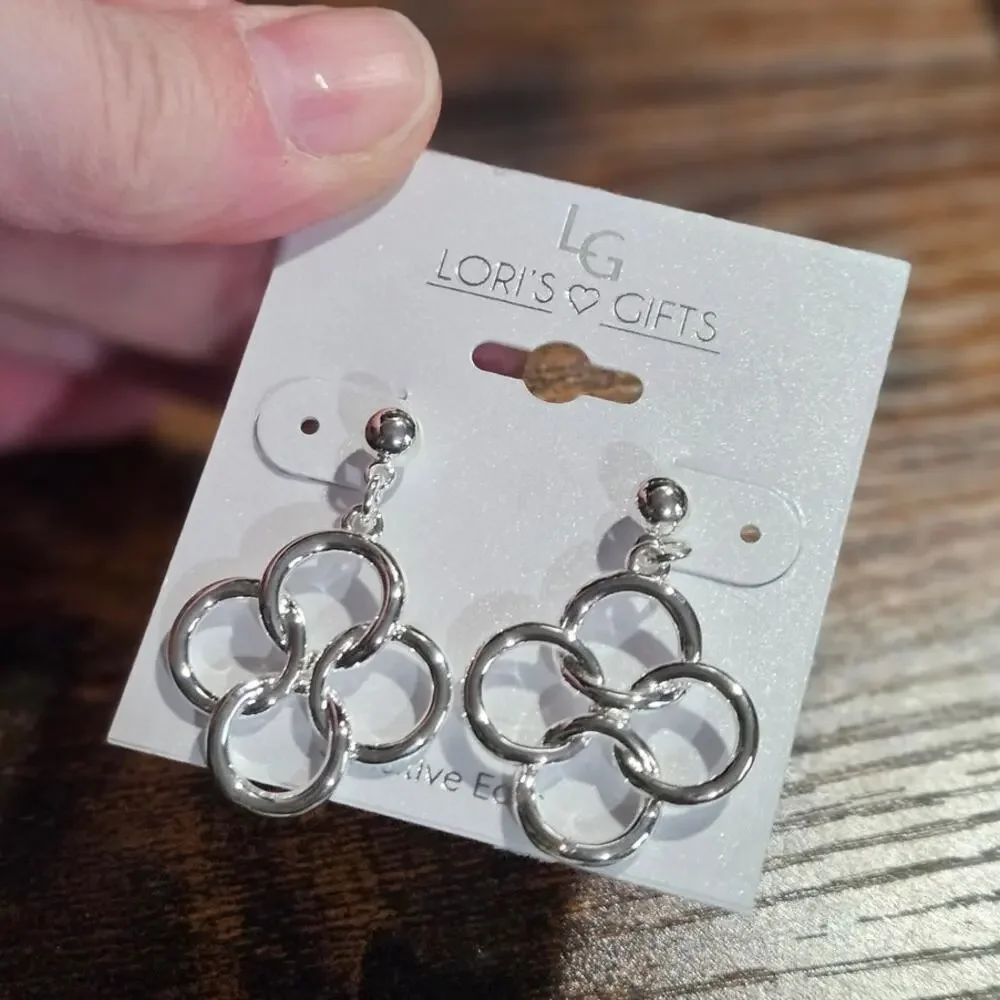Lori's Gifts Silver Tone Geometric Circle Drop Earrings Sensitive Ears NWT